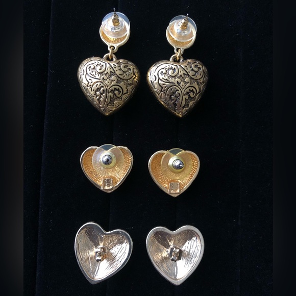 Vintage gold tone heart earring lot- 3 pairs stud etched design, AVON drop style - Picture 3 of 11